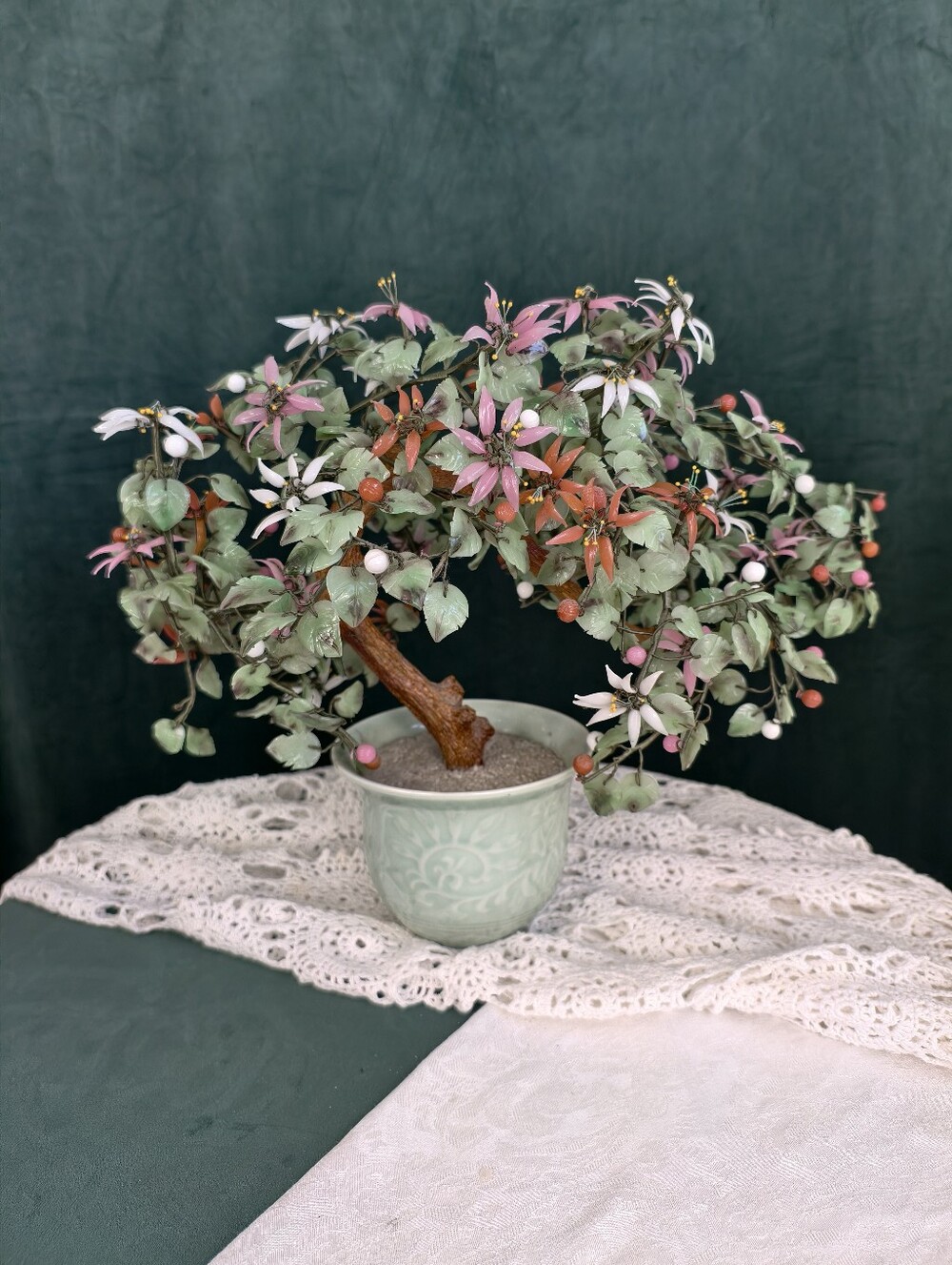Vintage Large Jade Glass Bonsai Flower Tree in Celadon Vase